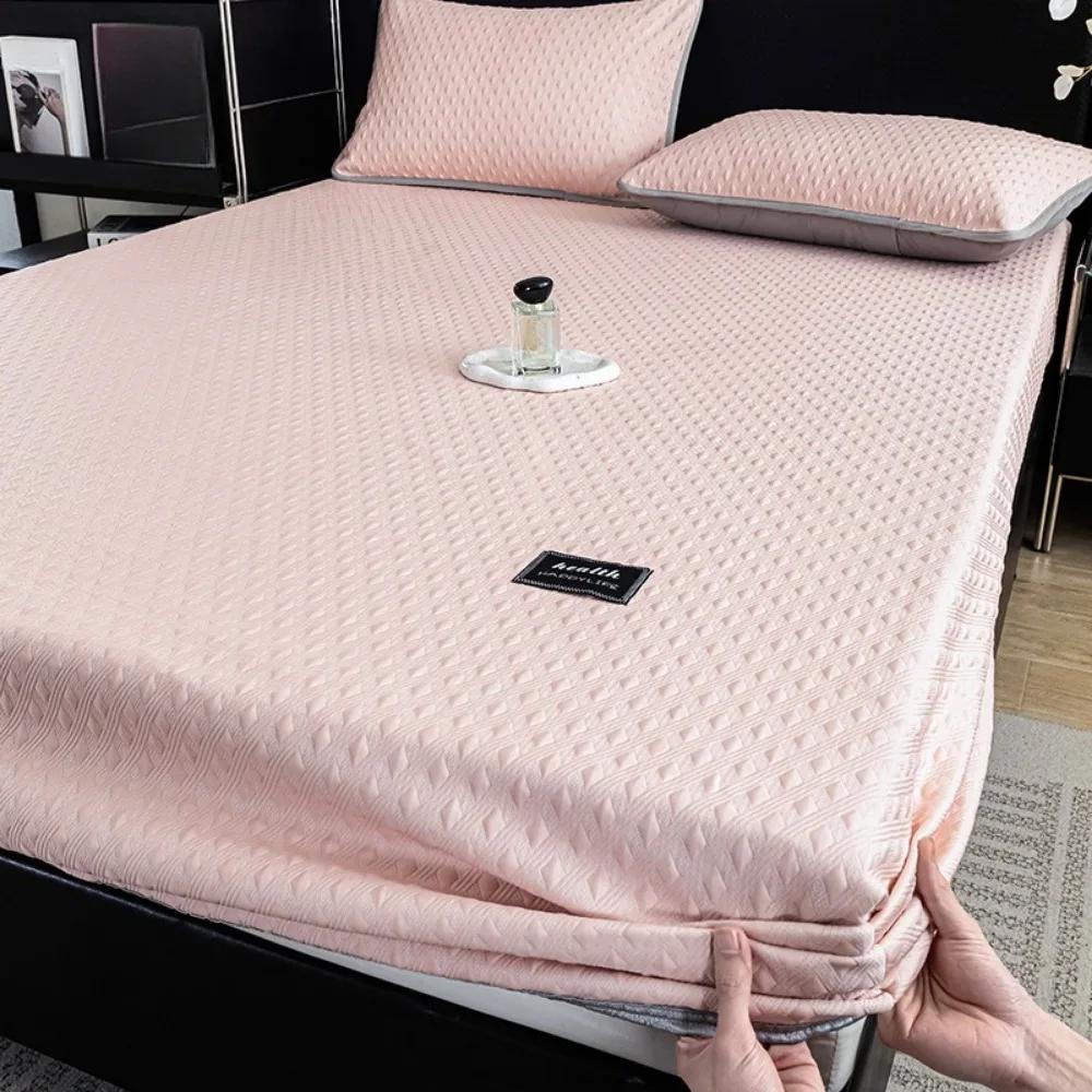 Summer Soft Breathable Cooling Mat Solid Color Skin-friendly Bed Cover Elastic Bedsheet for Bed Room Durable Non-Slip Bed Cover