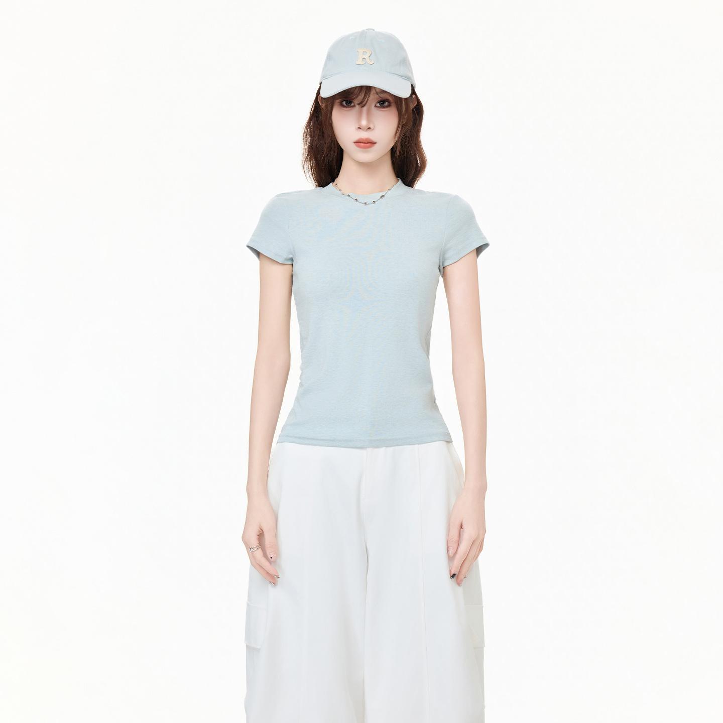 

Korean high-end dopamine round neck front shoulder short-sleeved T-shirt women s summer new slim-fitting and thin temperament top S светло-синий