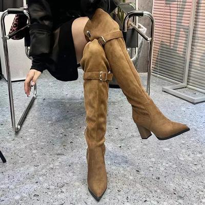 Zimowe Nowoczesne Damskie Kozaki za Kolano Moda Szpiczasty Nosek Długie Botki Projektant Grube Obcasy Botas De Mujer