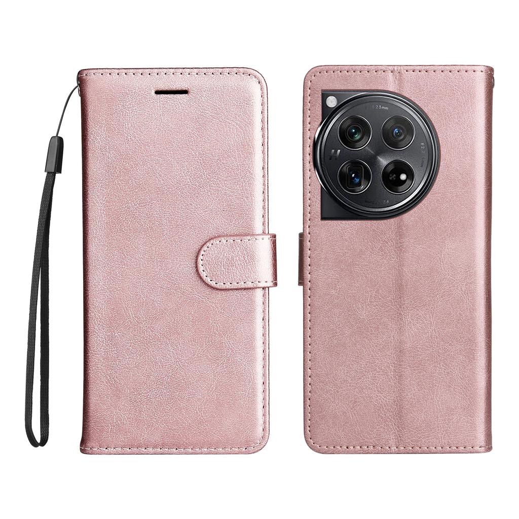For OnePlus 12 5G Leather Wallet Case with Strap Solid Color Phone Stand Cover