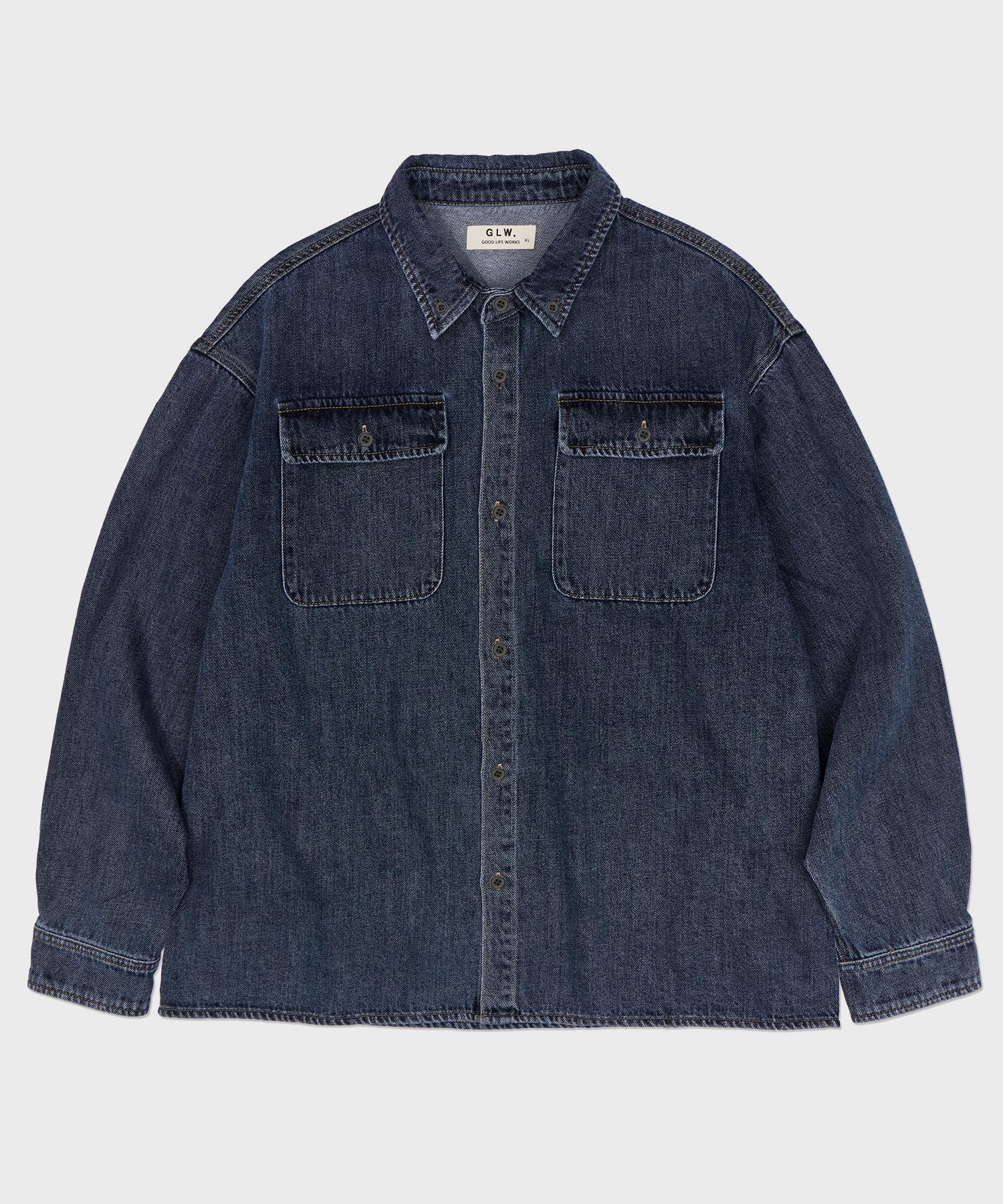 Good Life Works Oversized Two-Pocket Vintage Washed Denim Shirt Deep Blue Deep Blue/L