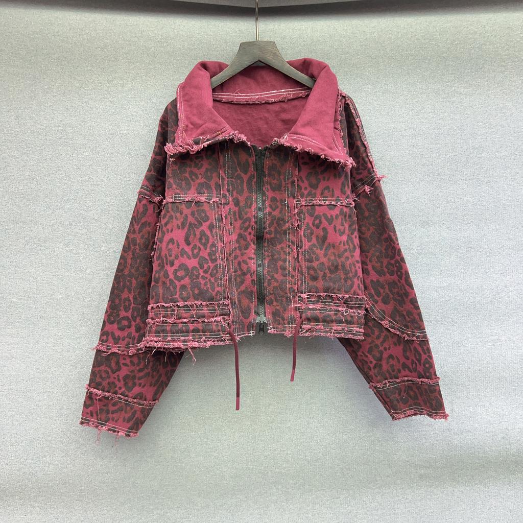 European Station retro leopard print jacket women's spring and autumn new fashion loose temperament slim denim jacket top