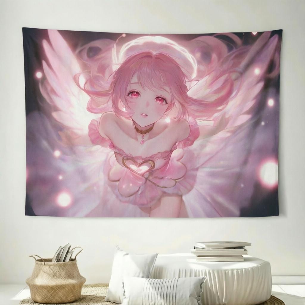 Pink Angel Anime Girl Tapestry Aesthetic Wings Wall Hanging Soft Pastel Kawaii Art Wall Tapestry Bedroom room decoration items
