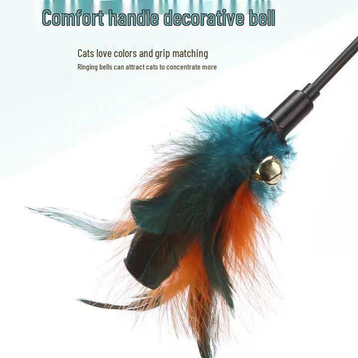 Colorful Cat Teaser with Bell, Feather, and Spring Rod for Self-Play