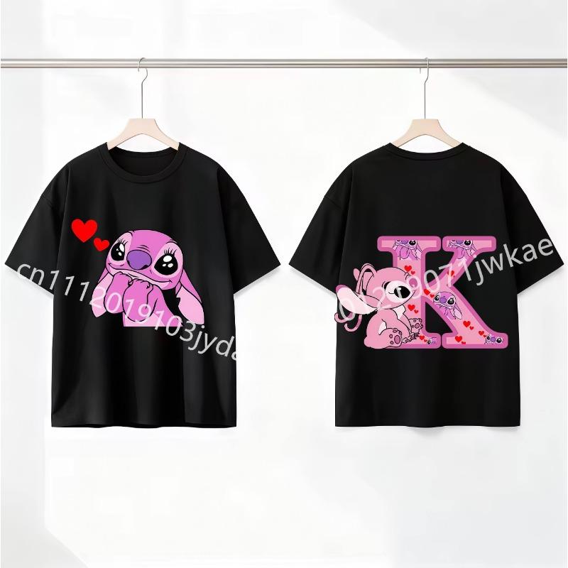 Stitch Angel Letter A-Z Cartoon Black Kids Pink T Shirt Summer Cute Boys and Girls Short-Sleeve Top Casual Breathable Clothing