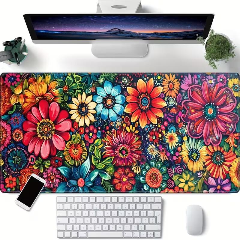 Pastel Pink Daisy Floral Gaming Mouse Pad Soft Hand Drawn Flower Leaf Print Non Slip Desk Mat For Girls Office Laptop Keyboard