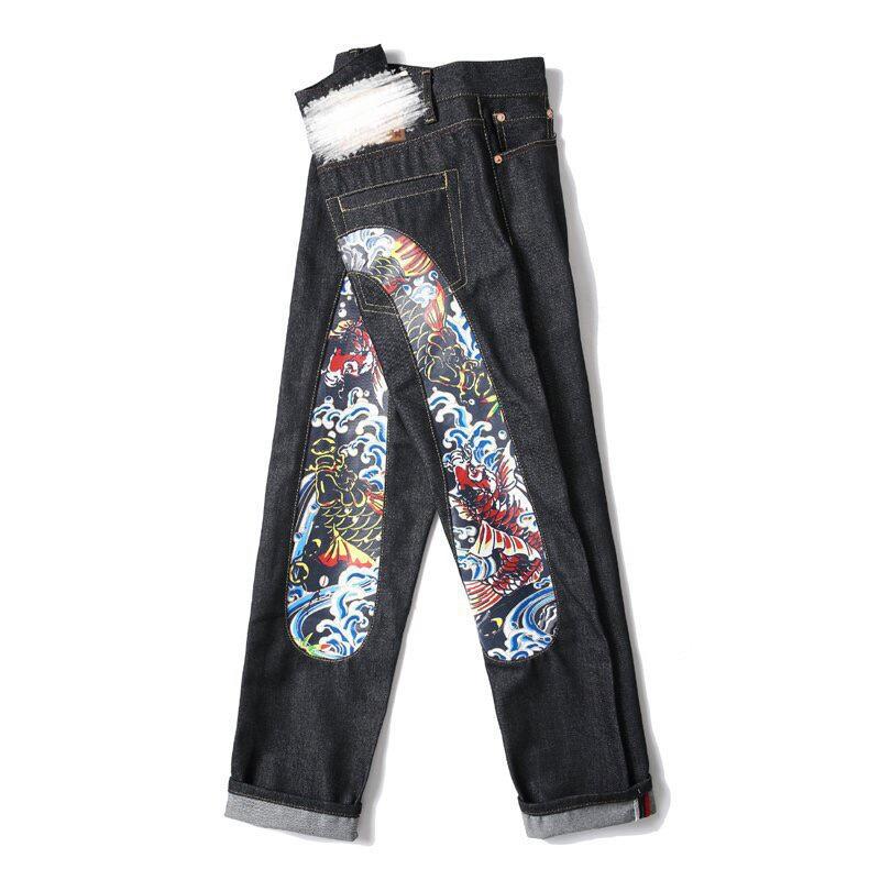 RogueWave New Japanese Hipster Retro Hip-hop Fashion Print Jeans High Street Leisure Slim Straight Embroidery Y2k Print Stitching Trousers