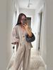 Women's Casual Set V-Neck One-Button Loose Long Sleeve Top High Waist Wide Leg Pants Two Piece Vintage Style Outfit
