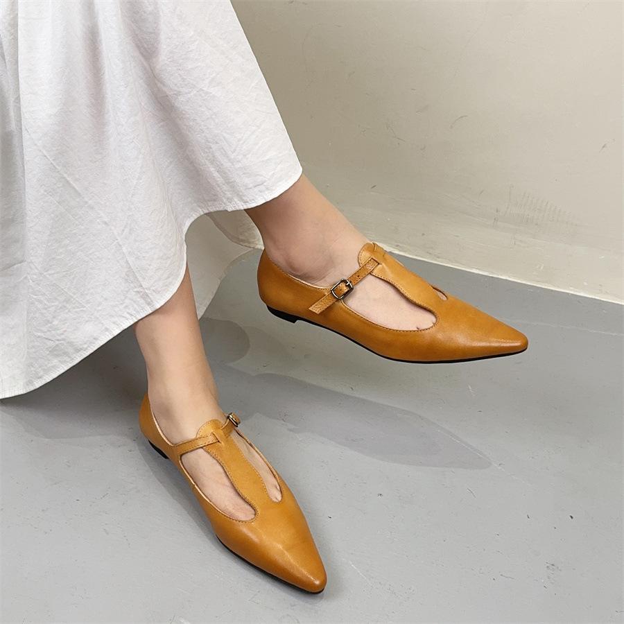 Johnature Retro lodičky s špičatou špičkou a páskem s přezkou, z pravé kůže, s měkkou podrážkou, všestranná dámská obuv