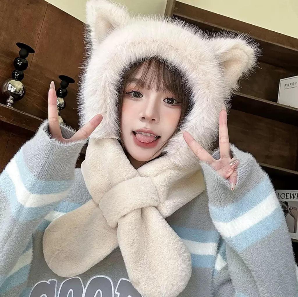Women's Cute Fluffy Hat with Scarf and Ear Protection for Autumn/Winter
