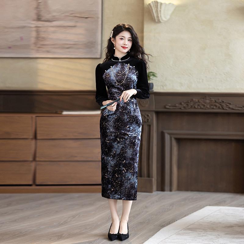 Stretch velvet new Chinese style Suzhou long-sleeve autumn qipao, improved youth style 1011 new women's sophisticated spring and autumn style