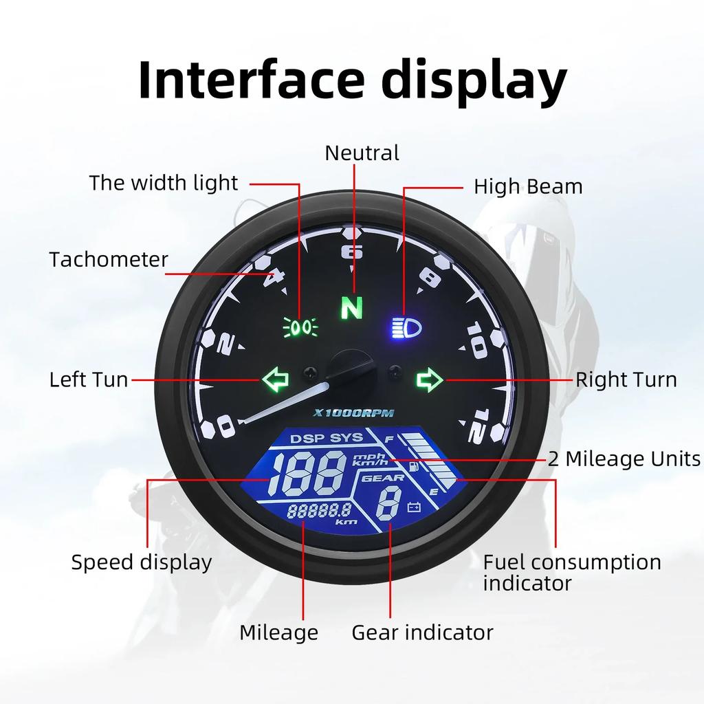AD Motorcycle Dashboard Speedometer 12000 RPM Meter Digital Display Speed Meter Tachometer Fuel Level Instrument Accessories