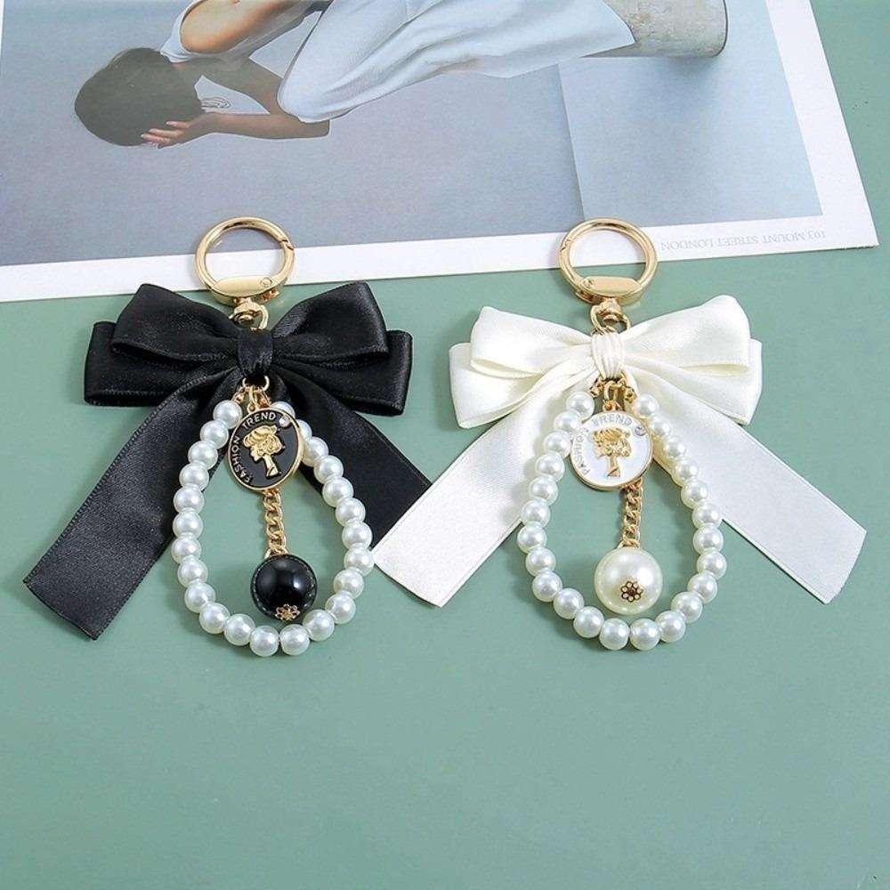 Car Pendant Bow Key Chain Big Bow Car Key Holder Exquisite Pearl Beaded Pendant Keyring