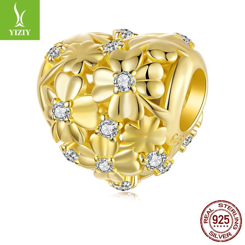 Golden Autumn Love Four-Leaf Clover Bracelet Beaded Accessories Charm S925 Sterling Silver Lucky Beads Loose Beads