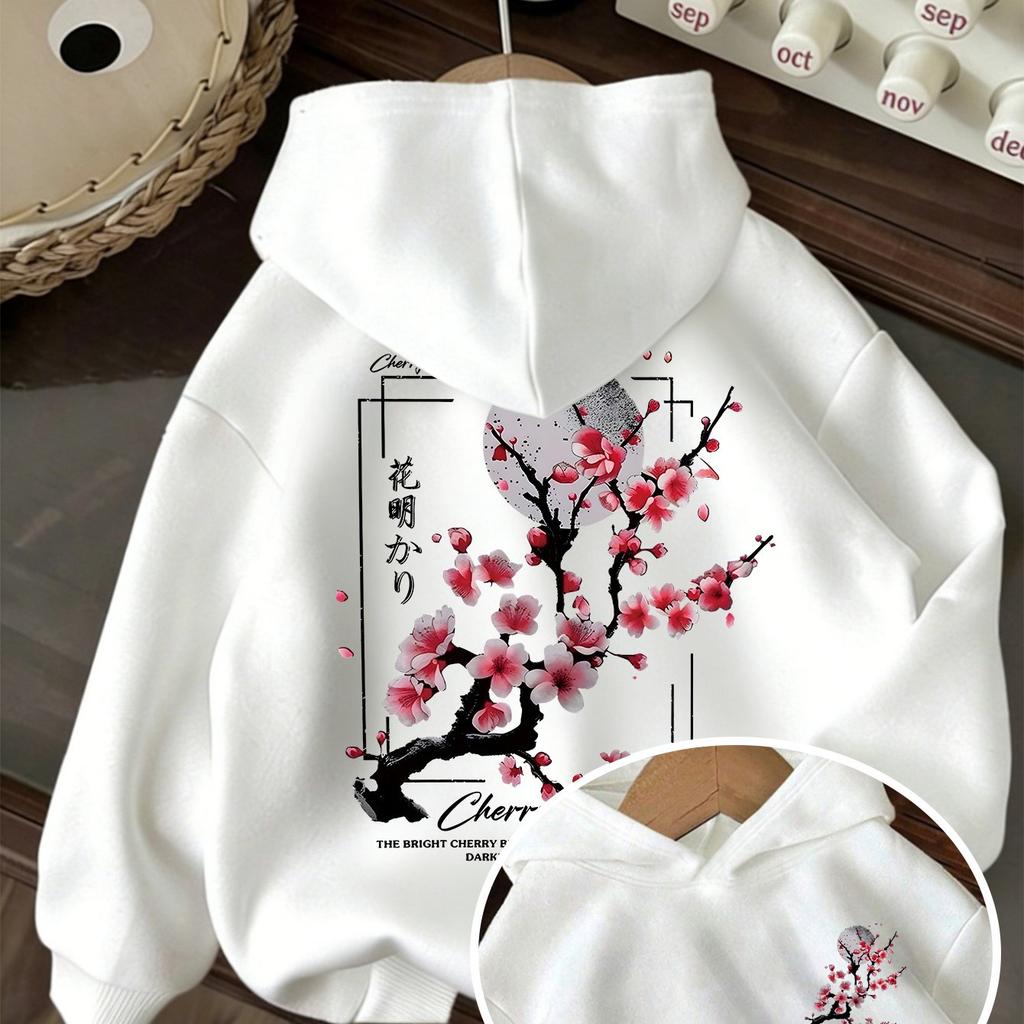 Luźna bluza z kapturem, Japońska Bluza z Kapturem z Nadrukiem Kwitnącej Wiśni i Księżyca w Kolorze Różowym, Fajny i Swobodny Pulower dla Nastolatek, Ciepły i