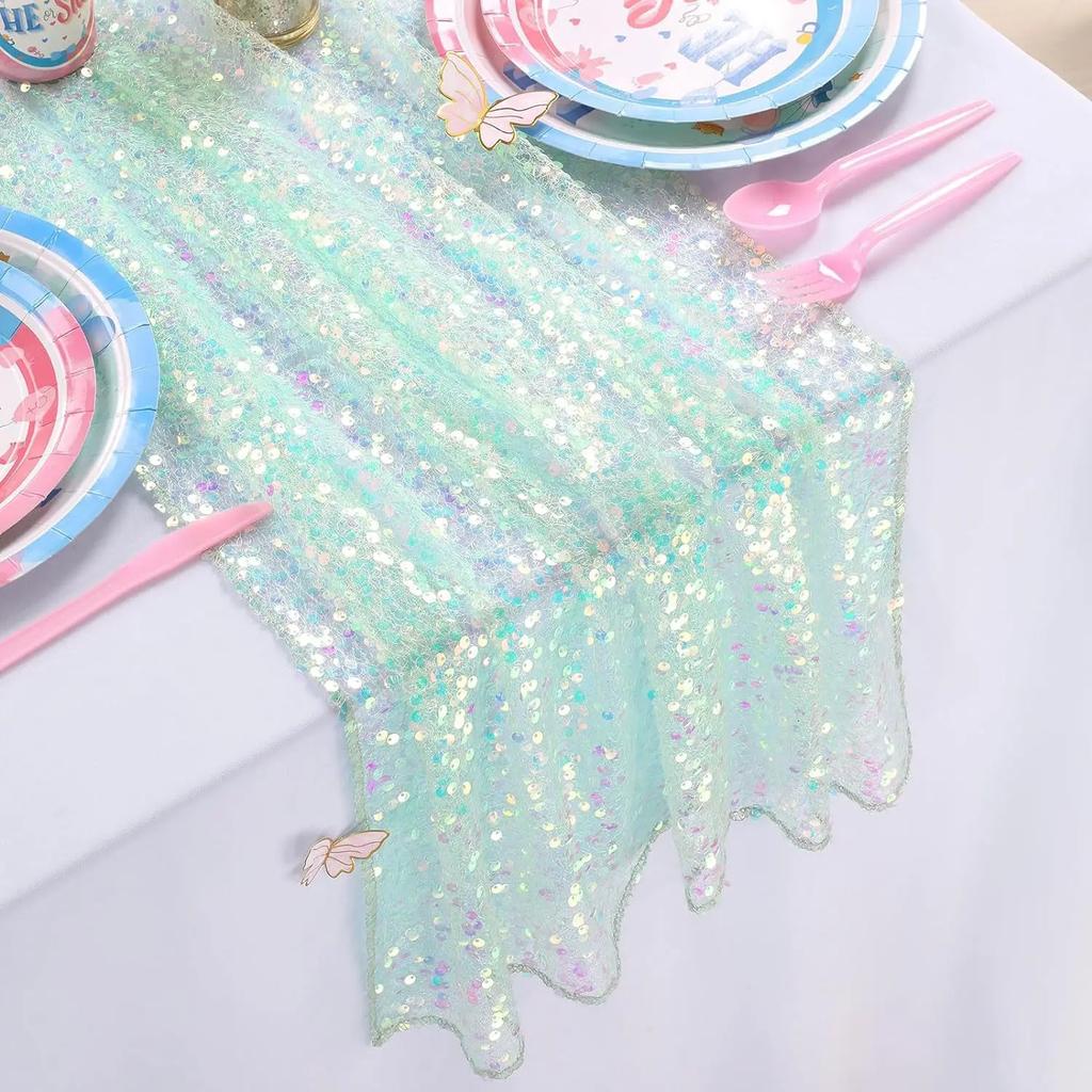 1 pz. Runner da tavolo con paillettes iridescenti glitterate, decorazione morbida per tavolo da pranzo per matrimonio, compleanno, festa, 30x183 cm.