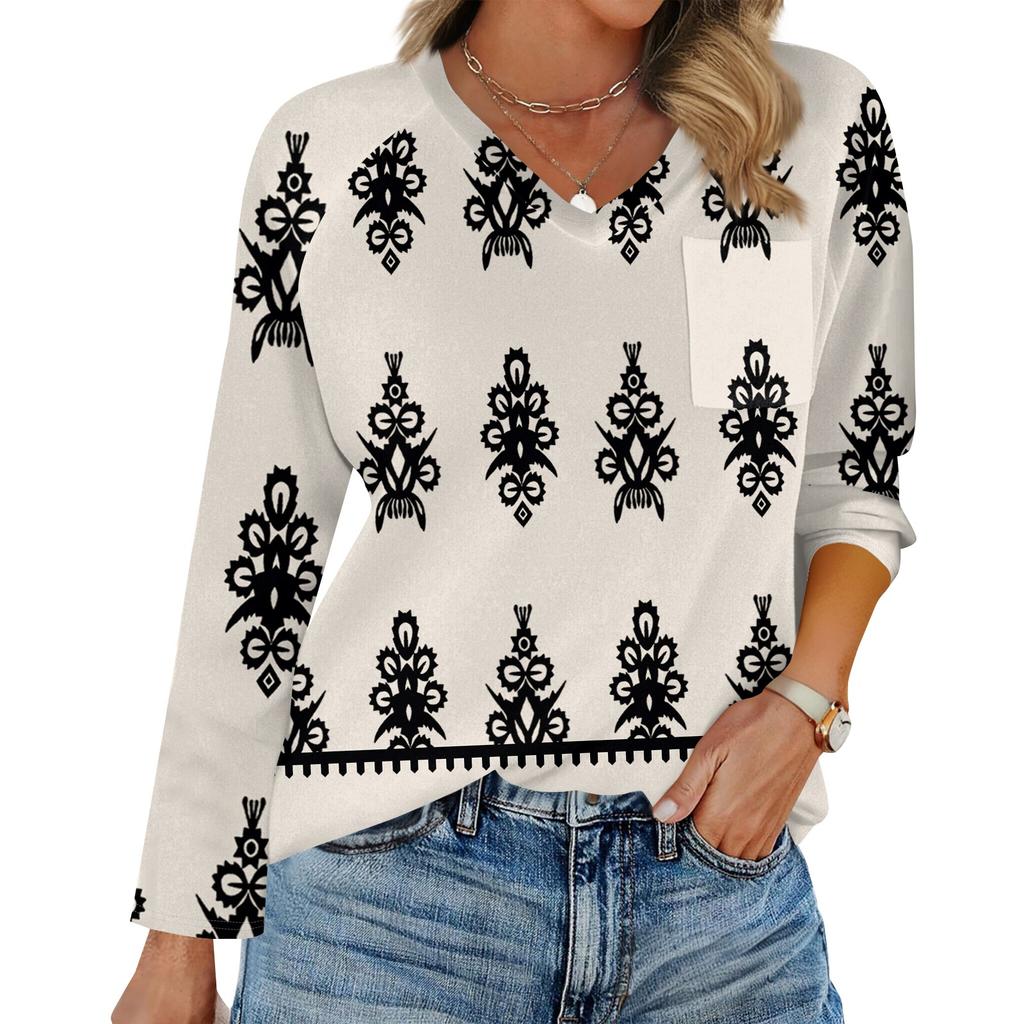 Women's Raglan Long Sleeve V-Neck T-Shirt Splicing Solid Color Casual Top Pullover V-Neck Pocket Bottoming Shirt