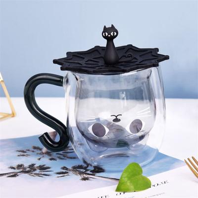Doppelwandige Glasmilch-Saft-Tasse, kreative niedliche Katzenform, Kaffeetasse, Cartoon-Paar-Teetasse mit Deckel, Haushalt, Büro, Trinkgeschirr