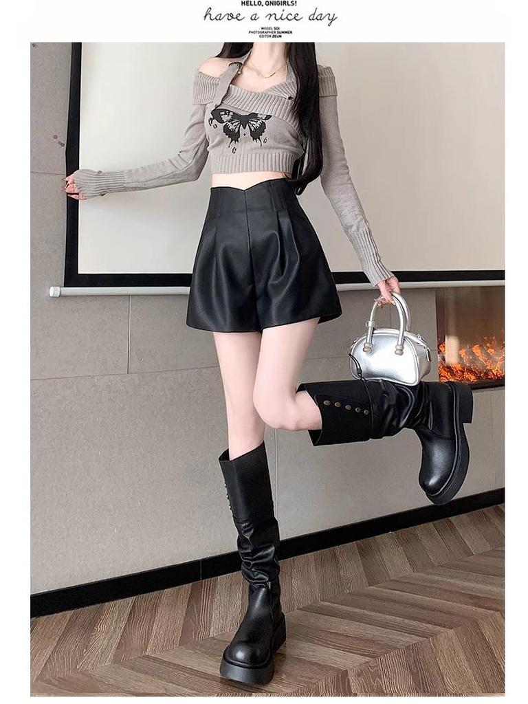 2025 Autumn/Winter Women's High-Waisted A-Line PU Leather Shorts & Slimming Straight-Leg Bootcut Pants