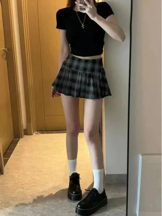 American Retro Plaid Pleated Mini Skirt - Korean Style Spring/Autumn Spicy Girl Academy Look