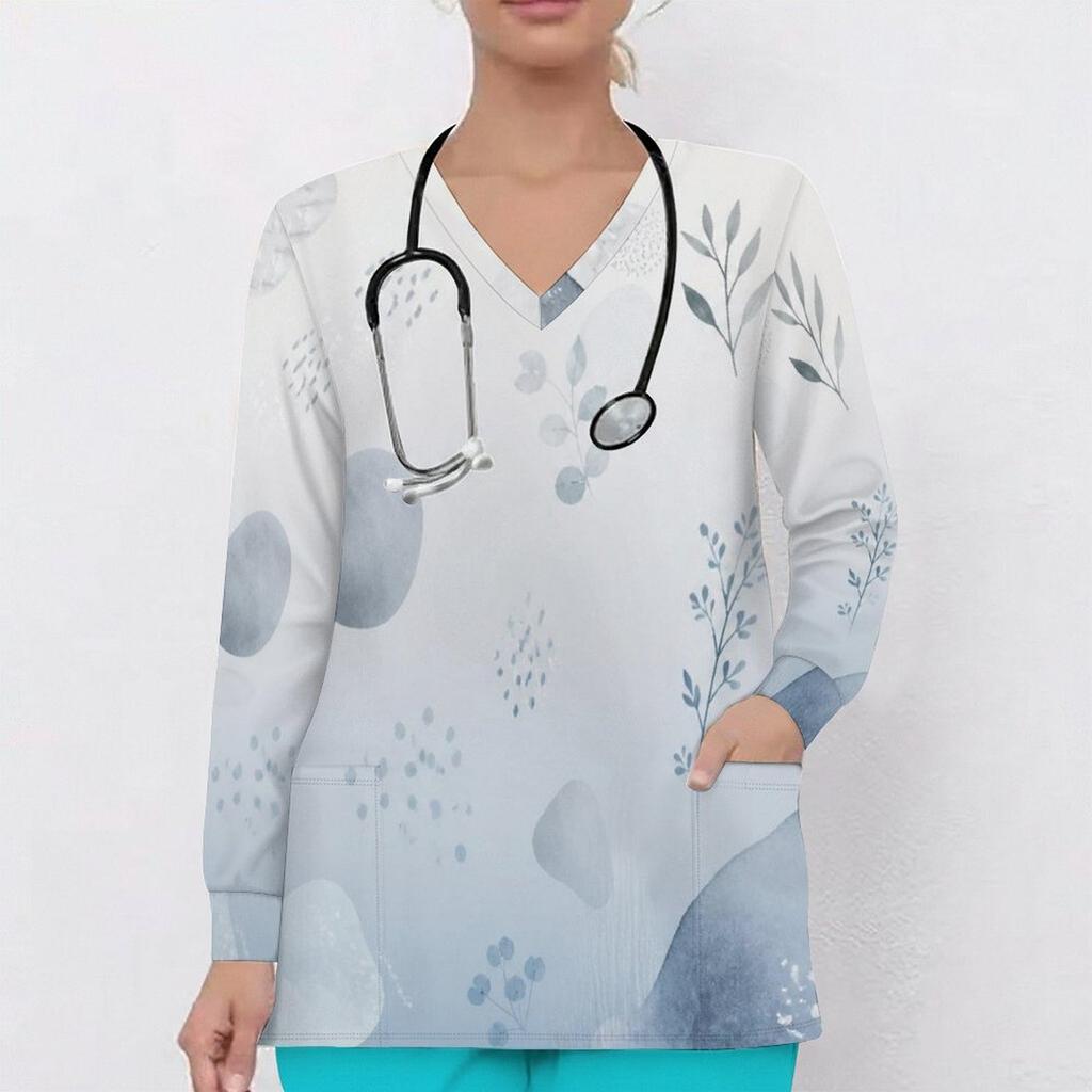 Women Plus Size Multicolor Printed V Neck Long Sleeve Scrub Top With Front Pockets