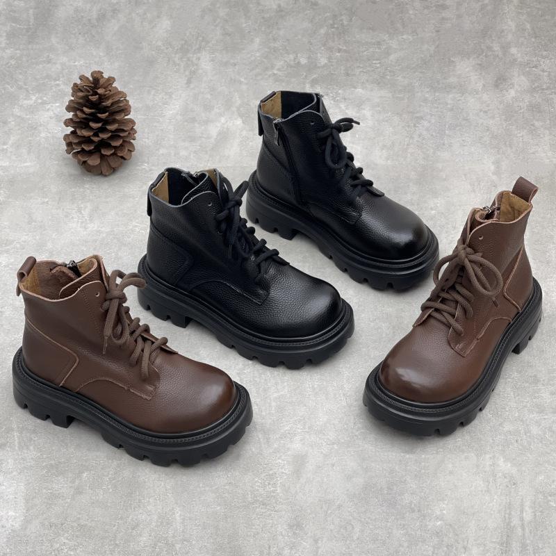 Johnature Ekte skinnstøvletter med tykk såle i britisk stil, allsidige damesko