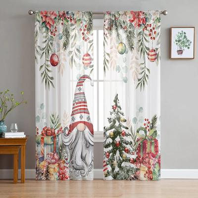Christmas Gnome Berries Fir Leaves Sheer Curtains for Living Room Decoration Window Curtains Kitchen Tulle Voile Curtains