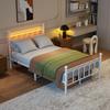 120x200cm Metal Bed Frame with Headboard and Footboard, USB Charging, LED, Steel Slat Support, Under-Bed Storage, No Box Spring Required, White