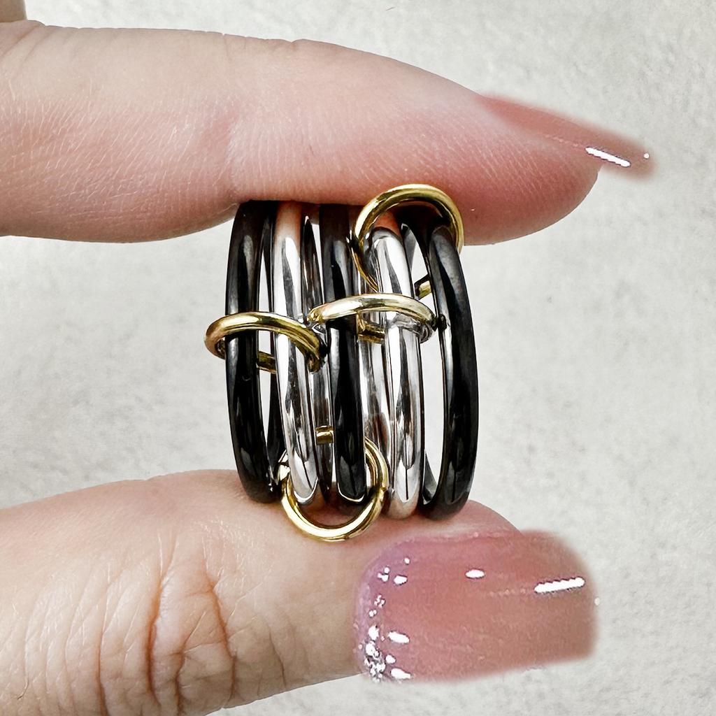 5PCS Black Gold Color Multiple Layers Rings Stackable Set Stainless Steel Interlocking Ring For Women INS Finger Jewelry Gifts