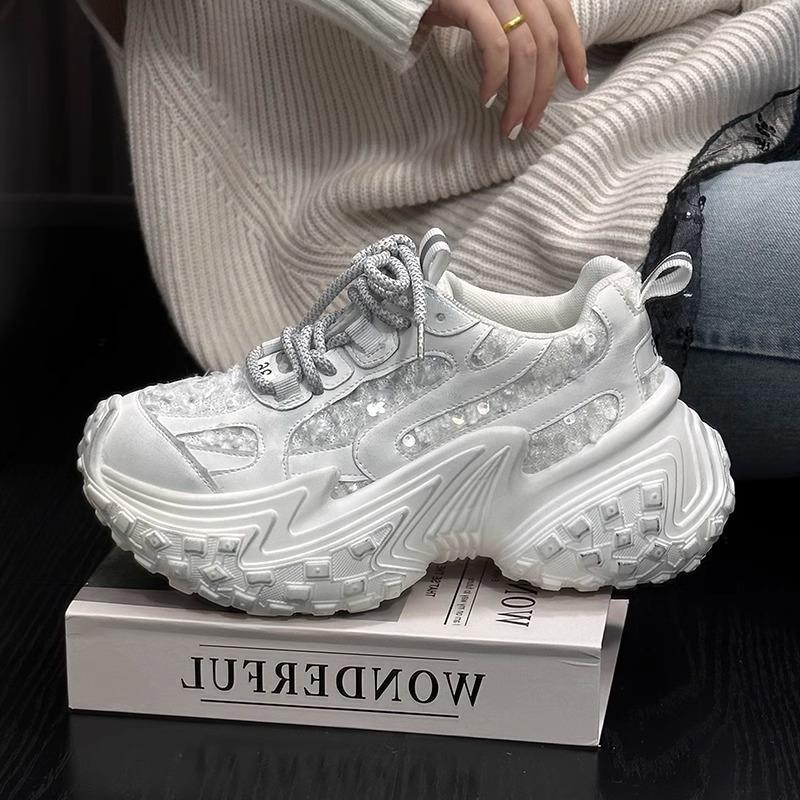 

European products 2025 spring and summer new sequined platform dad shoes women s versatile mesh breathable casual sports shoes tide 35 белый