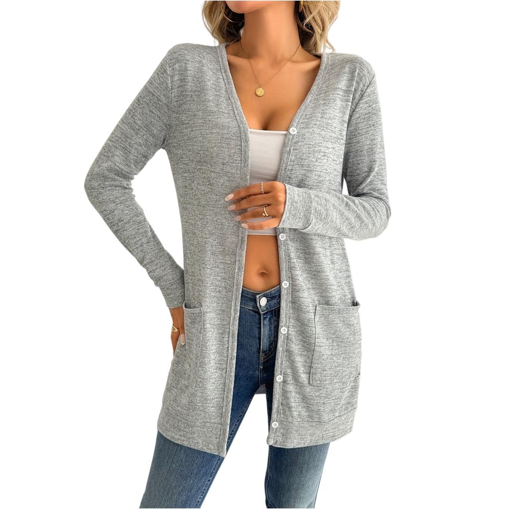 Women's Solid Color Loose Long Sleeve Pocket Cardigan Jacket