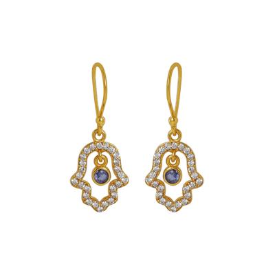 Boucle d'oreille Main de Hamsa Pierre Gemme Iolite Bijou en Argent Sterling 925, Boucle d'oreille en Zircon Cubique Plaqué Or Bijou Fait Main pour Femme Cadeau Pour Elle