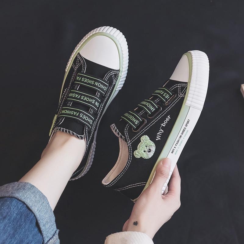Canvas Shoes Women's New Summer Student Versatile Elastic Band Embroidered Bear Board Shoes One Pedal Lazy Shoes Women