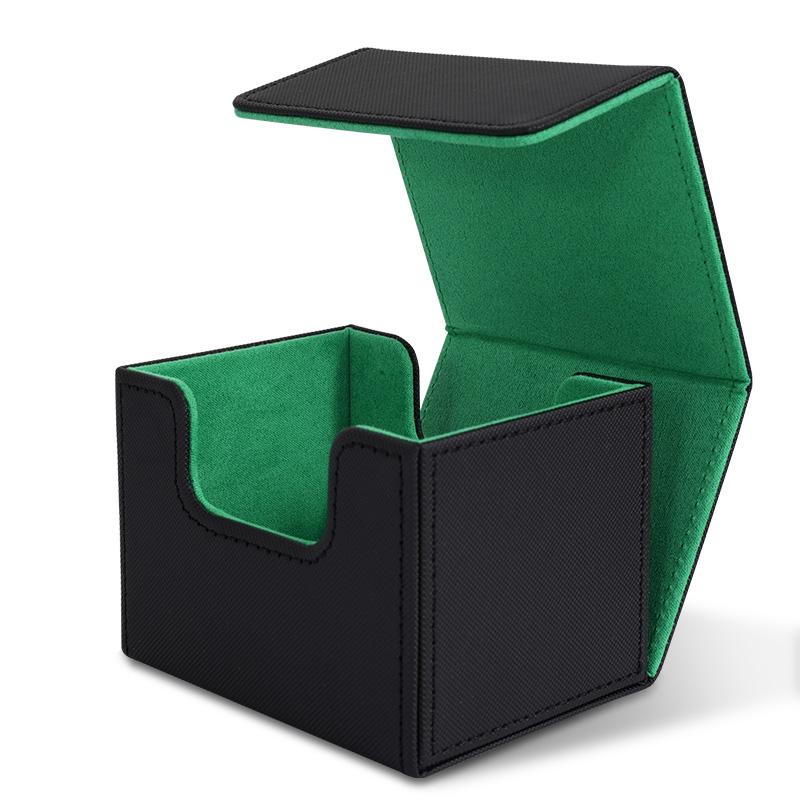 Kortlekslåda, kortförvaringslåda med plats för 100 kort med enkel sleeve, kortleksfodral i PU-läder med stark magnet för TCG-kort