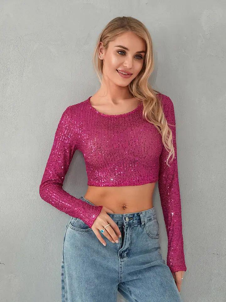 

2023 Осень Блестящий Облегающий Укороченный Топ – Сексуальная Модная Футболка Однотонного Цвета Extra Large розы красного