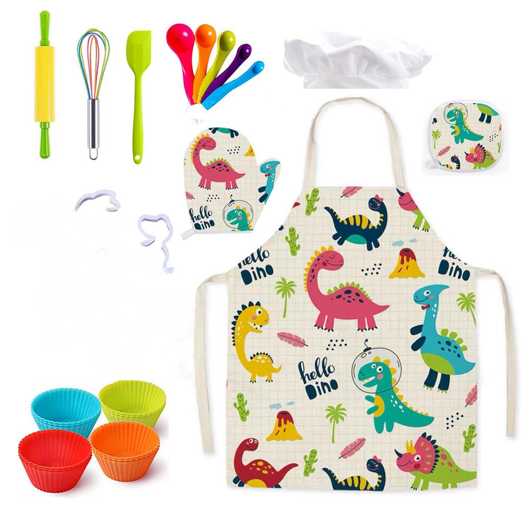 Vibrant Dinosaur Fabric Apron Kitchen Playset For Kids With Essential Accessories Baking