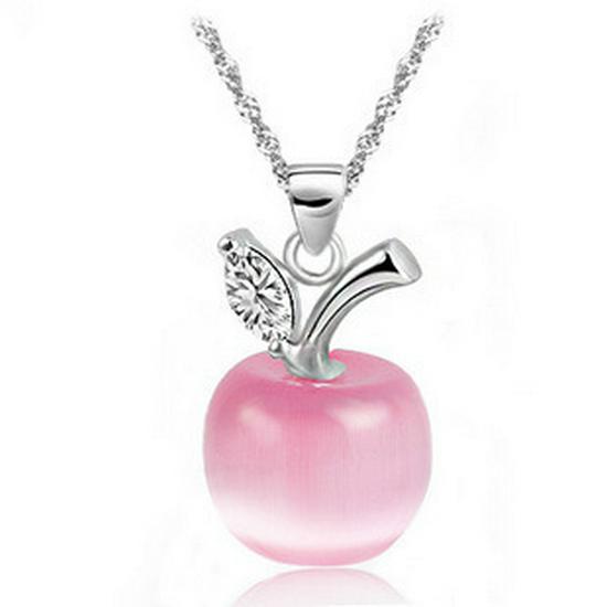 Apple Cat's Eye Stone Necklace with Rose Quartz, Silver, and Moonstone Pendants