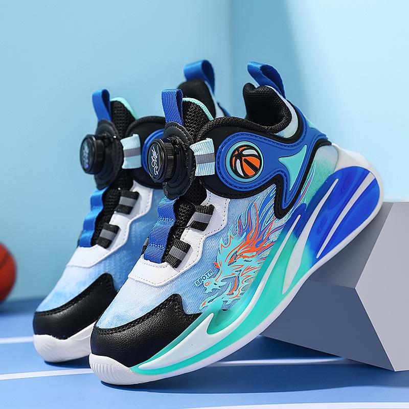 Boys' shoes Spring and Autumn 2025 new mesh breathable rotating button medium and older children's basketball shoes casual soft-soled sports shoes