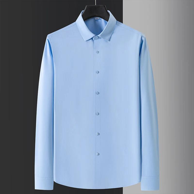 Thin elastic long-sleeve shirts for men smil fit formal tops social soft clothes male white black office wrinkle free shirt