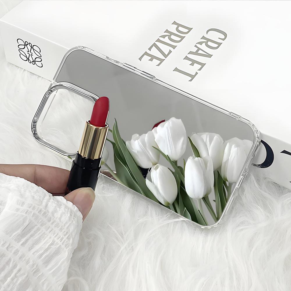 ins wind tulip flower suitable for iphone15 premium mirror mobile phone case 17pro women's makeup mirror