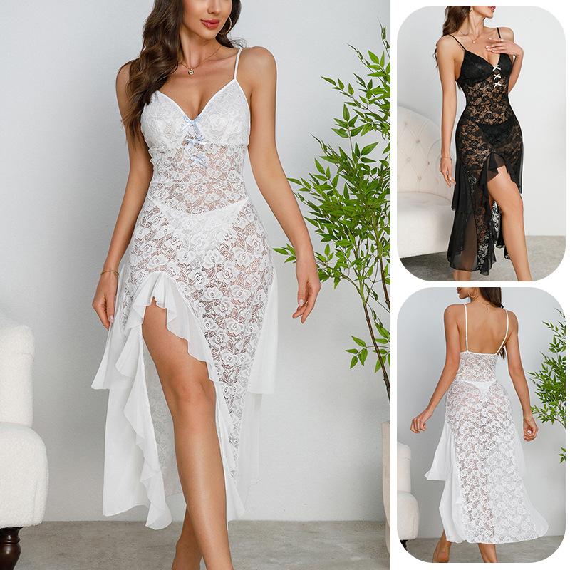 Robe de nuit en dentelle à décolleté plongeant et résille transparente à fente haute irrégulière Lingerie de nuit sexy de luxe pour femme 889 Audacieuse Luxueuse Tenue de nuit Parfaite pour les nuits spéciales