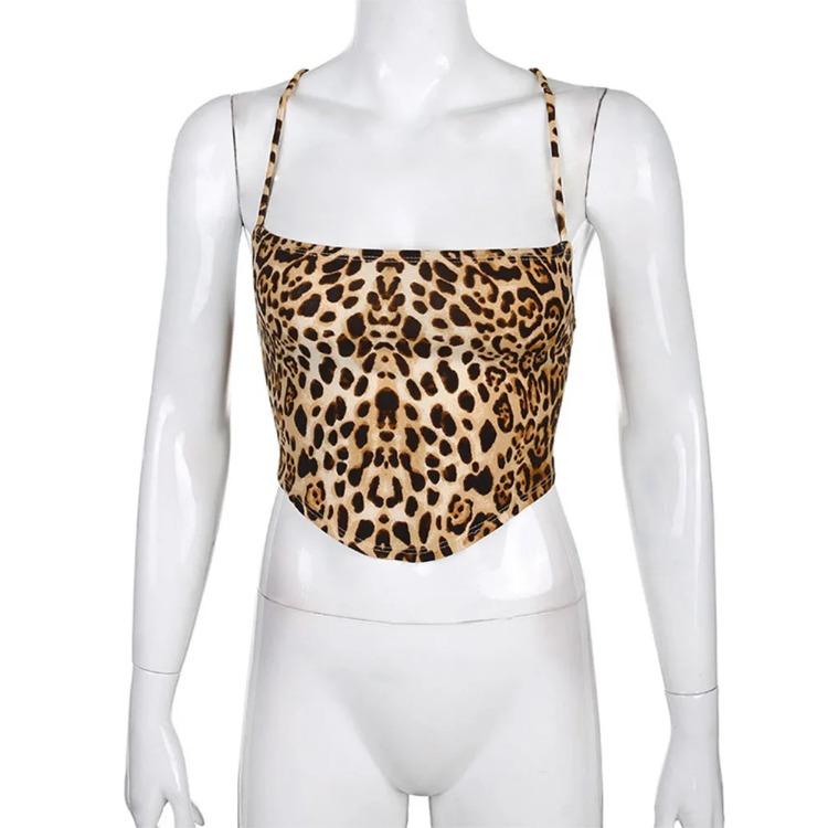 Leopard Pattern Women Tank Tops Backless Sexy Rave Outfits Sleeveless Cross Lace Up Bralette Crop Top Summer Streetwear