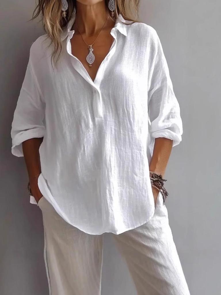 Plus-Size V-Neck Long Sleeve Women's Top - Solid Color, Casual & Versatile (Europe & America, 2025).