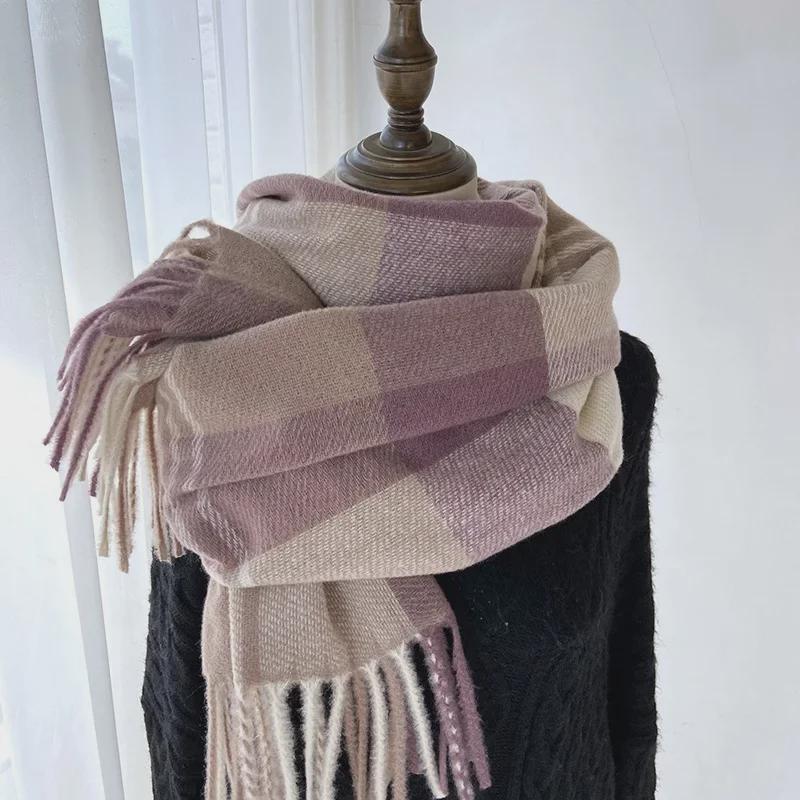 2024 Women's Winter Plaid Tassel Shawl - Korean-Style Thick Warm Imitation Cashmere Scarf for Students and Couples