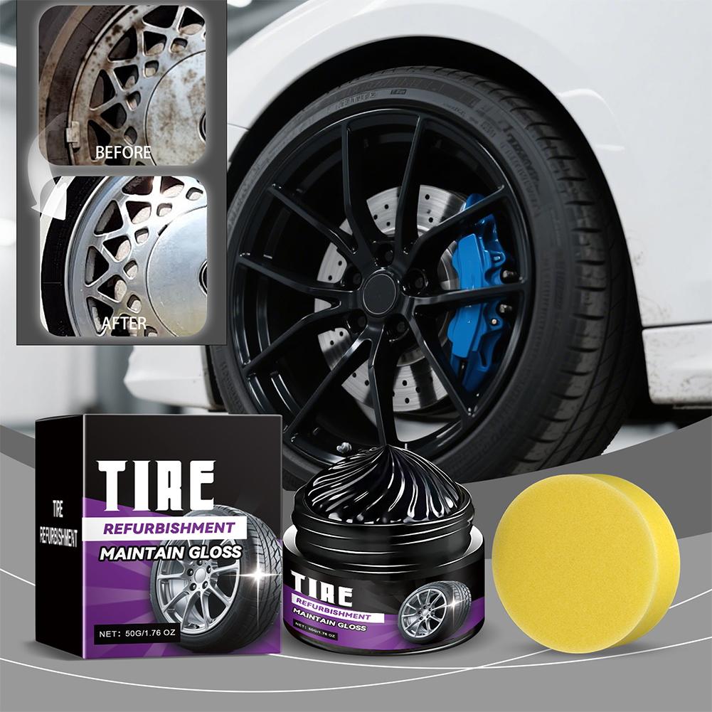 50g Cire de Revêtement pour Pneus de Voiture Noir Brillant Restaure l'Éclat des Pneus Durable Anti-Âge Améliorateur d'Éclat Avec Éponge Accessoires de Polissage Auto