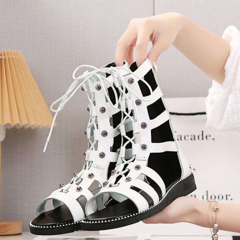 Large size flatbottomed hightop cool boots for women, new hollowedout zipper willow retro fashion sandals