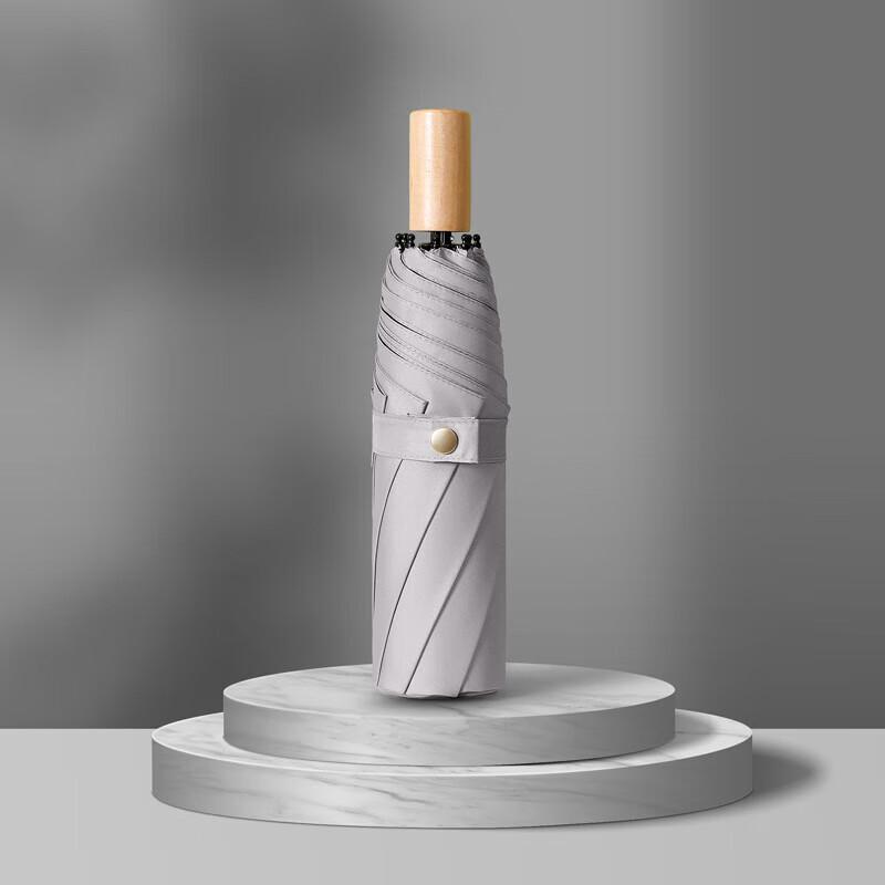 Xuqing Windproof UV Protection 3-Fold Umbrella with Solid Wood Handle