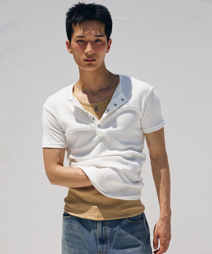 Lolangseoul High Ribbed Henley Neck Half Sleeves(Ivory)