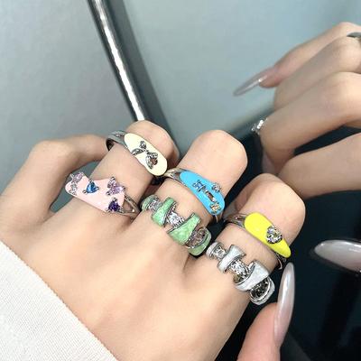 Emaille Tropföl Nischen Design Offener Ring Set Kalter Wind Zirkon Zeigefinger Ring Mode Schmuck