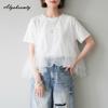 Korean Fashion Summer Women Basic Solid T-Shirt O Neck White Gray Black Cotton Top Mesh Patchwork Casual Loose Ladies' Tee